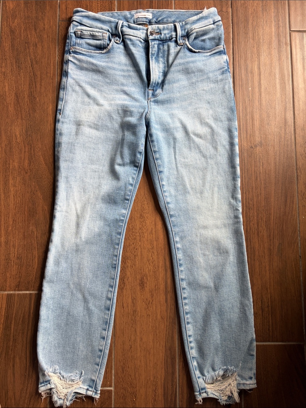 Good American Light Blue Skinny Jeans with Frayed Hem